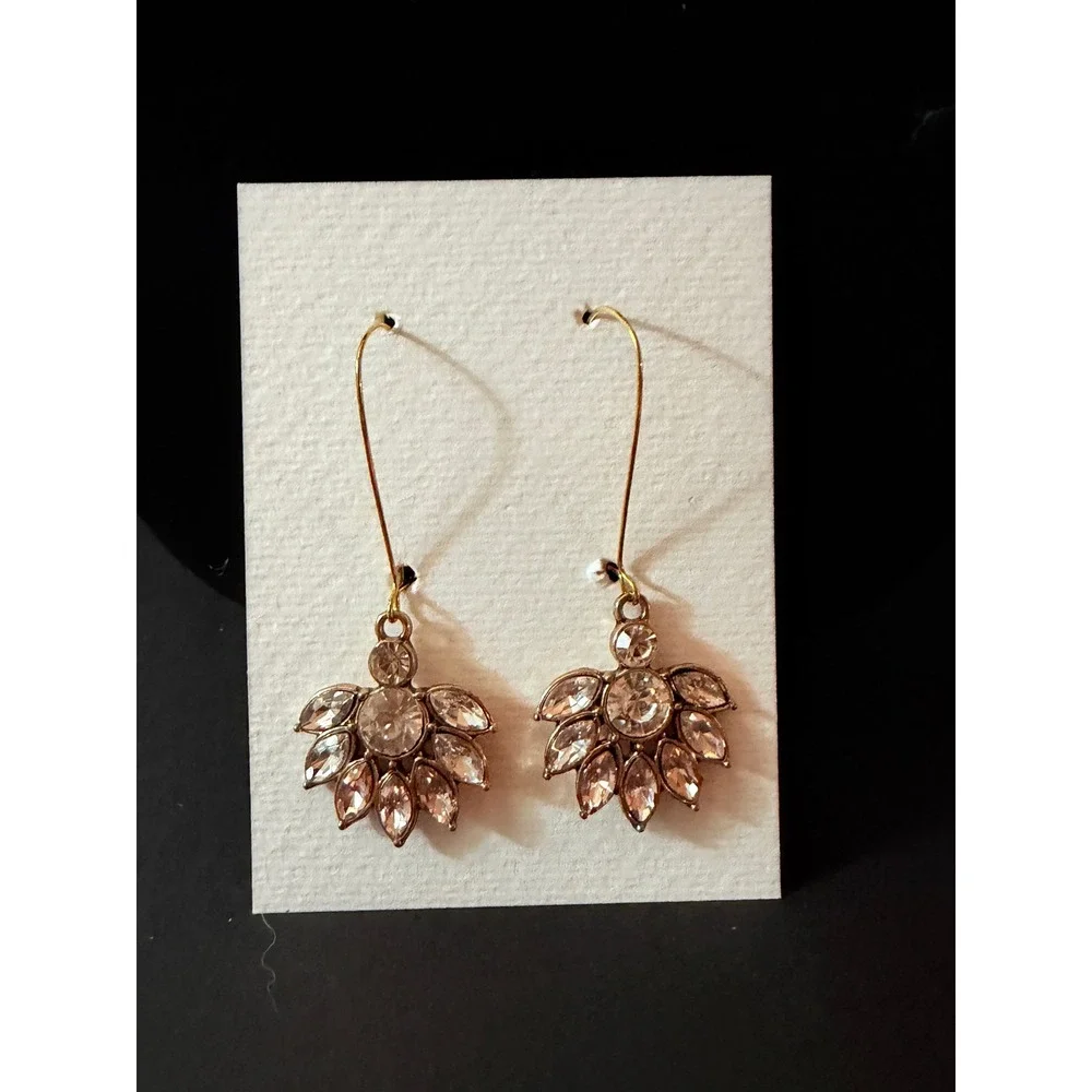 Brass Copper Pink Crystal Fan Drop Earrings Long Gold Tone Stephanie Aune Artist